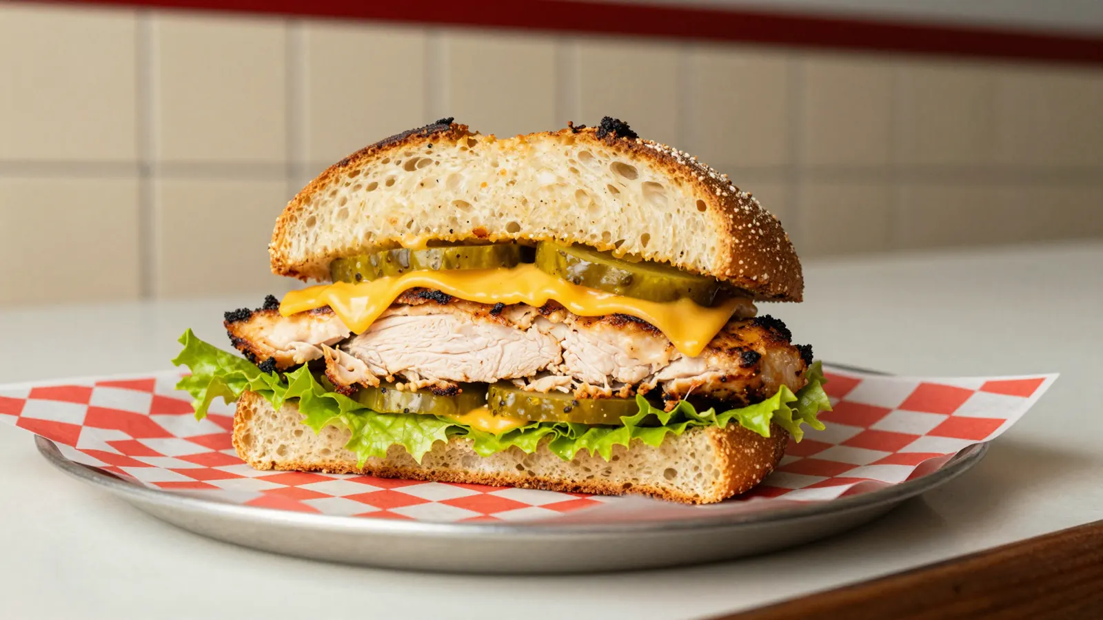 A towering sourdough chicken sandwich cut in half